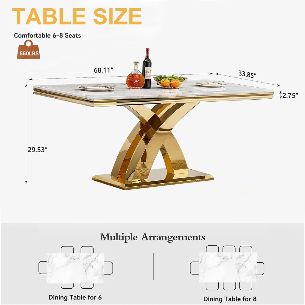 Modern Marble Dining Table for 6-8, 68" Faux Marble Kitchen Table with Gold X-Shape Stainless Steel Base,Luxury Rectangular White Marble Dining Room Table for Home Office Kitchen Dining Room