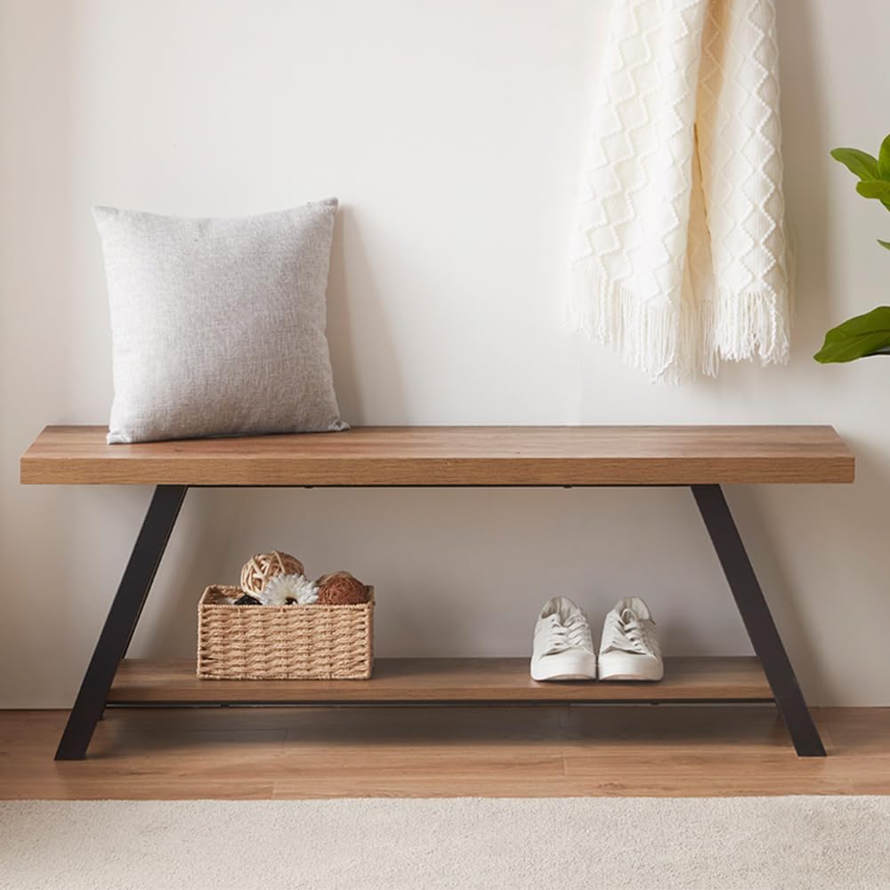 LVB Industrial Entryway Bench, Wood and Metal Storage Bench for Living Dining Room, Farmhouse Indoor Entry Way Shoe Benches Seat, Rustic Oak, 47 Inch Long | Farmhouse Indoor Entry Way Shoe Benches Seat, Wood and Metal Shoe Rack for Hallway Living Dining