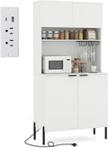 LOKO 64.5” Tall Kitchen Pantry Cabinet, Buffet Sideboard with Charging Station, Modern Wine Bar Cabinet with Wine Glass Rack, Kitchen Hutch Cupboard for Dining Room, Living Room (White)