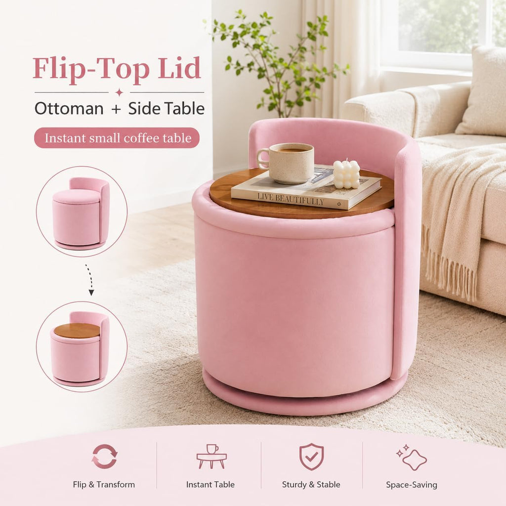 Vanity Chair with Storage and Back 360°Swivel Makeup Chair 17" D x 17" W x 20" H Soft Seat Ottoman Small Side Table Hallway Footstools for Living Room Makeup Room (Pink)