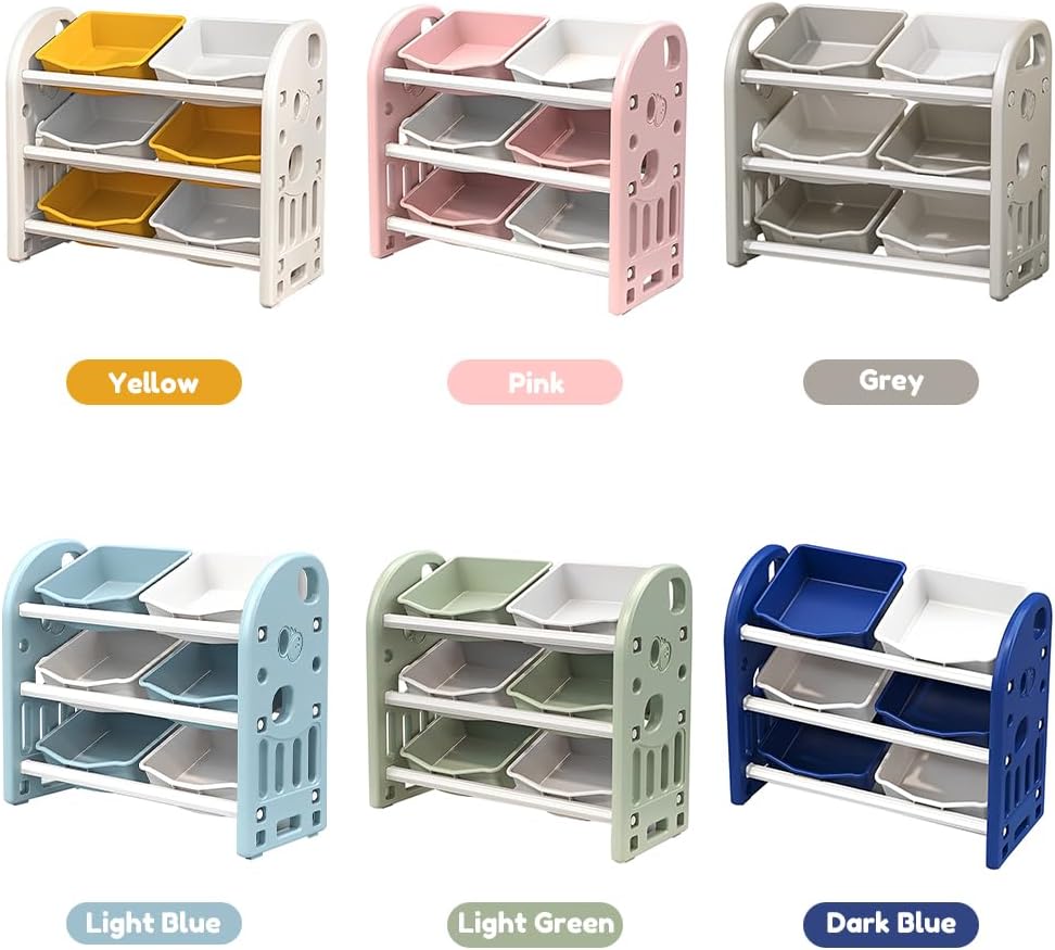 Kids Toy Storage Organizer, 3-Tier Shelves Multi-Functional Kids Storage Organizer with 6 Removable Bins Large Storage Capacity for Boys Girls Bedroom Playroom, Nursery (Grey)