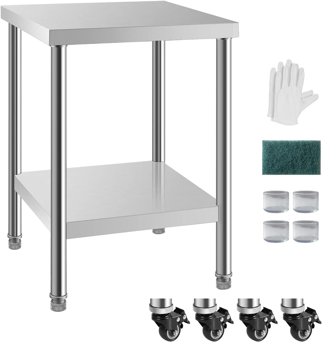 24x24 Inch Stainless Steel Prep Work Table with Caster Undershelf | Rust Resistant Durable Multipurpose Easy Clean Food Safe Workbench Restaurant Hotel Home Bar Kitchen Commercial Heavy Duty