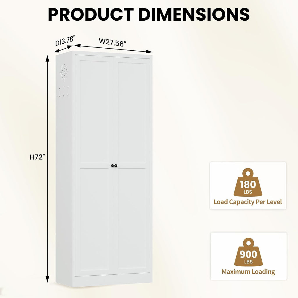 Kitchen Pantry Cabinet, 72" Tall White Metal Storage Cabinet, Kitchen Storage with 2 Doors and 5 Adjustable Shelves, Freestanding Cupboard for Living, Dining Room and Bathroom,Assemble Required