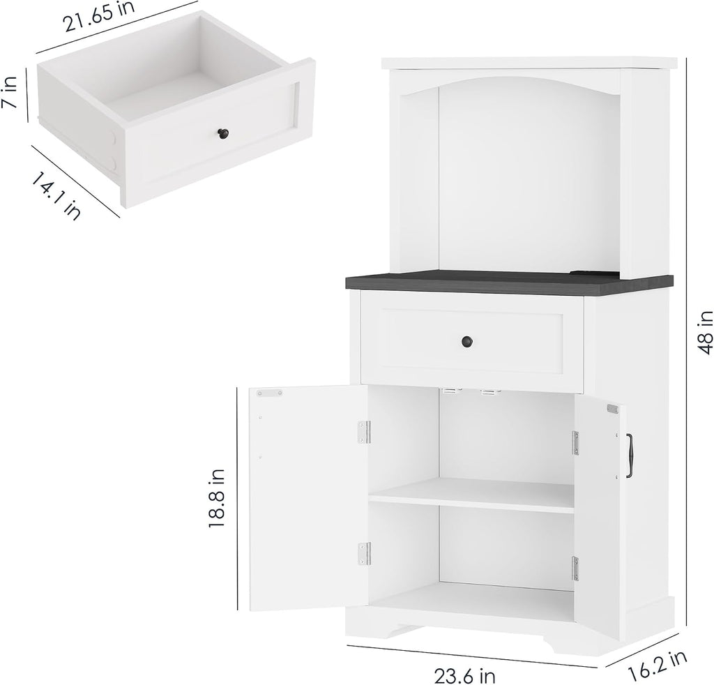 Microwave Stand with Storage and Drawer, Kitchen Pantry Storage Cabinet | Buffet Coffee Bar Cabinet with Adjustable Shelves, Charging Station, Kitchen Hutch Microwave Table for Dining Room