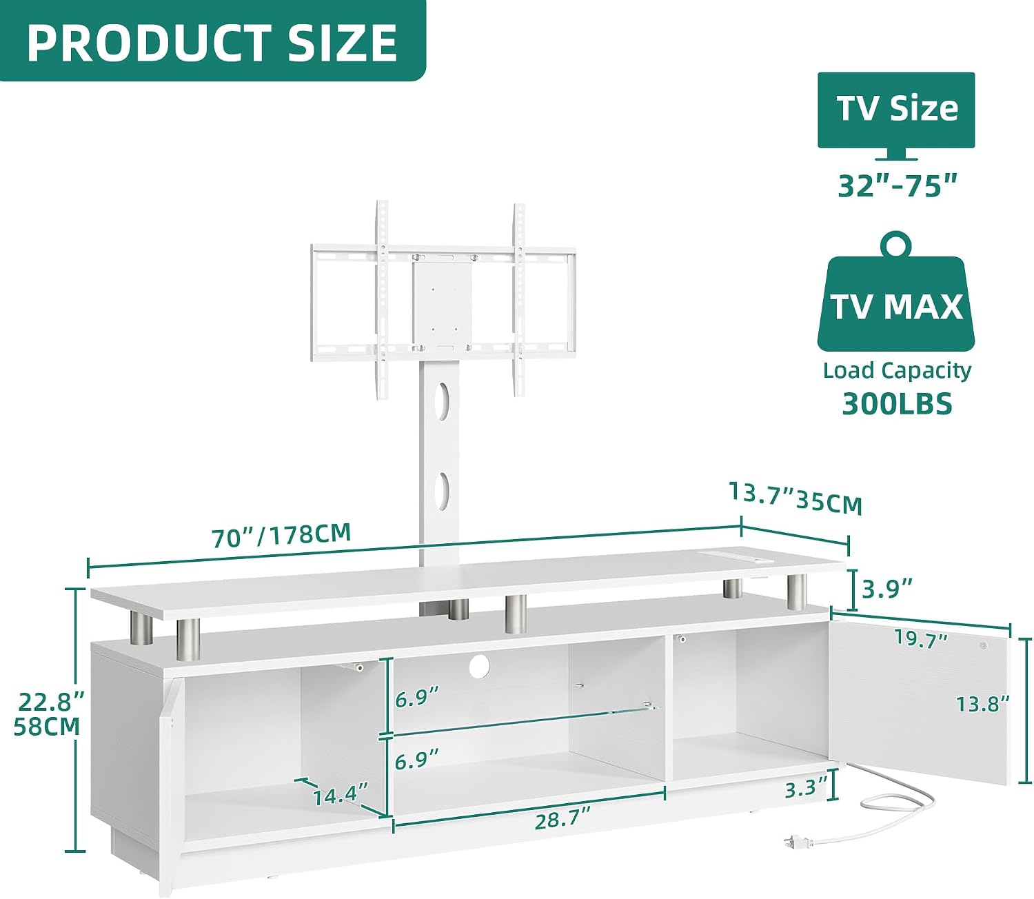 YITAHOME Modern TV Stand with Mount, Media Console with LED Light, White | Entertainment Center with 2 Storage Doors & Built-in Power Outlets for 75/70/65 Inch TVs for Living Room