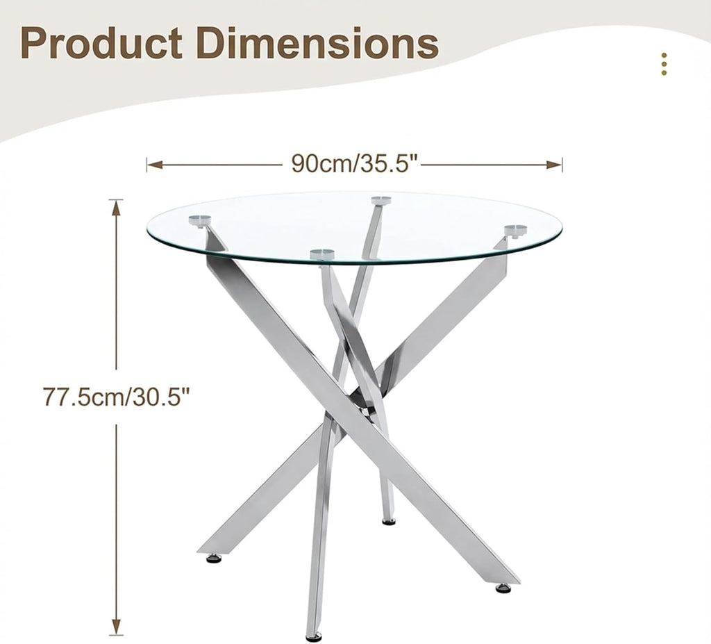 35.5 Inch Round Glass Dining Table, Modern Kitchen Table with 8mm Tempered Glass Top Chrome Metal Legs, Small Round Dining Table for 2–4 People Kitchen Dining Room Apartment