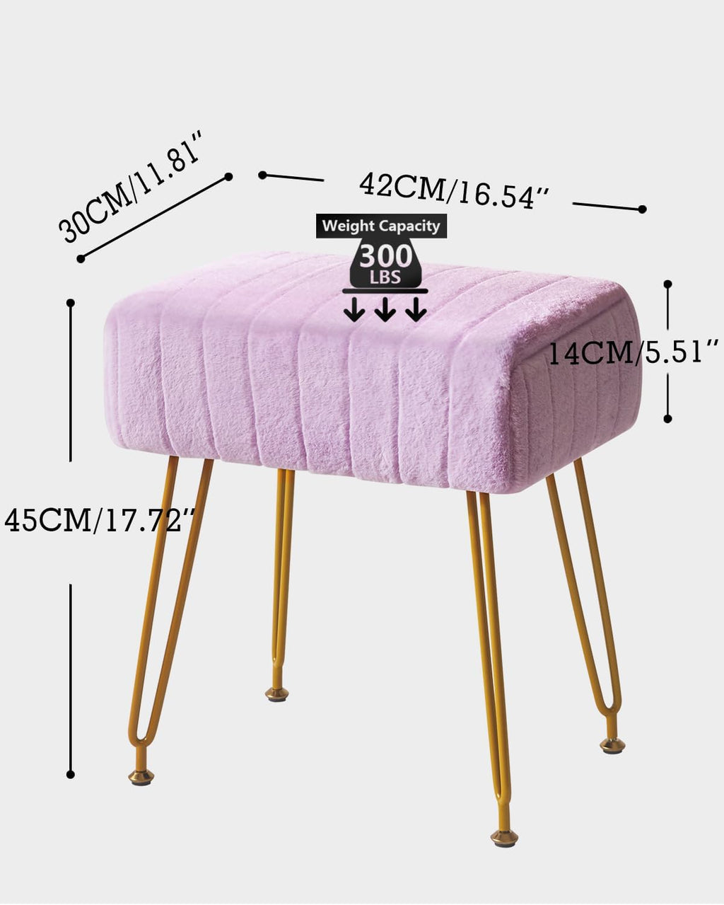 IBUYKE Makeup Vanity Stool, Velvet Rectangular Footrest, Purple LG-51V | Ottoman Side Dressing Table Seat Pouf Couch chair Golden Steel Legs