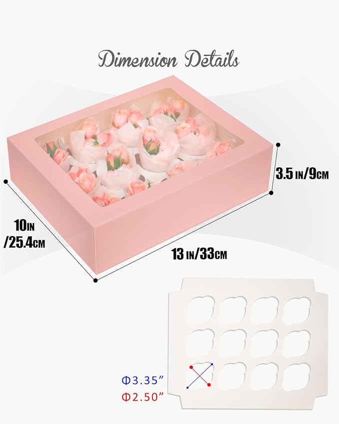 Bakepacker Auto-pop up 12 Cupcake Containers 6-Packs Pink Cupcakes Carrier, 12 Cupcake Boxes with Window 13"x10"x3.5"