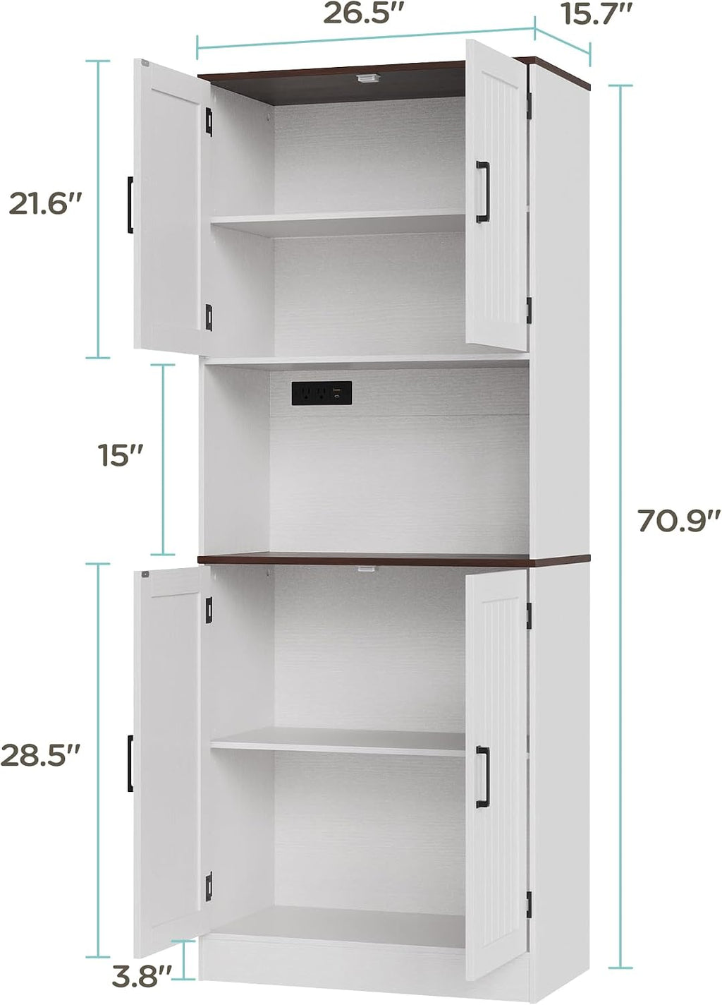 MHOM 71" Tall Pantry Cabinet with Charging Station, Farmhouse Kitchen Hutch with Adjustable Shelves, Modern Kitchen Pantry Storage Cabinet for Dinning Room & Living Room, Antique White