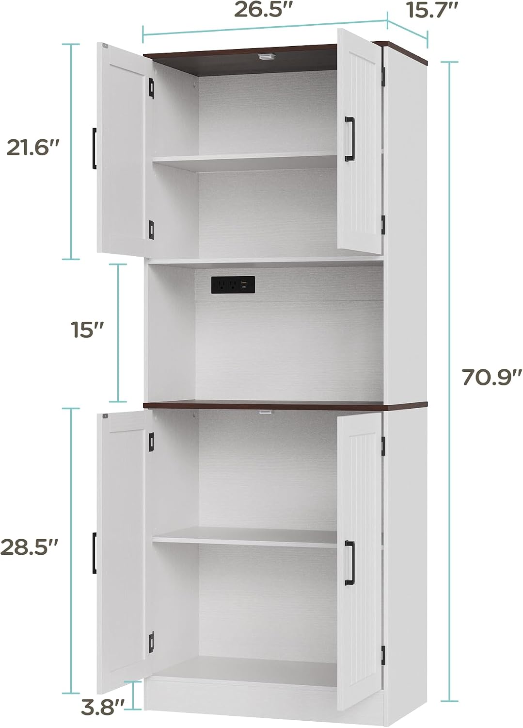 MHOM 71" Tall Pantry Cabinet with Charging Station, Farmhouse Kitchen Hutch with Adjustable Shelves, Modern Kitchen Pantry Storage Cabinet for Dinning Room & Living Room, Antique White