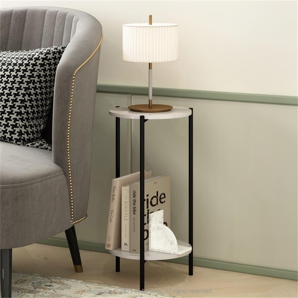 Pemberly Row 2-Tier Modern Round End Table, 11.57 x 11.57 x 23.62 Inches, Composite Wood and Sturdy Metal Legs, White Marble Finish, Space-Saving Design for Living Room or Bedroom