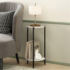 Pemberly Row 2-Tier Modern Round End Table, 11.57 x 11.57 x 23.62 Inches, Composite Wood and Sturdy Metal Legs, White Marble Finish, Space-Saving Design for Living Room or Bedroom