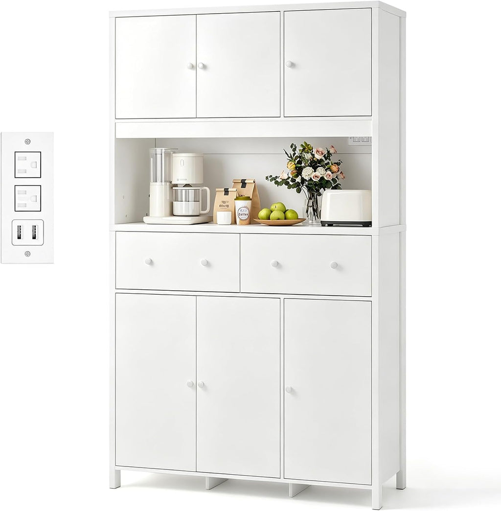 Garvee 71" H Pantry Cabinet with Charging Station, Tall Kitchen Pantry Storage Cabinet with Countertop, Modern Kitchen Hutch with Storage Drawers for Living Room, Dining Room, White