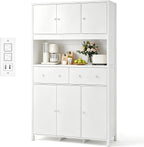 Garvee 71" H Pantry Cabinet with Charging Station, Tall Kitchen Pantry Storage Cabinet with Countertop, Modern Kitchen Hutch with Storage Drawers for Living Room, Dining Room, White
