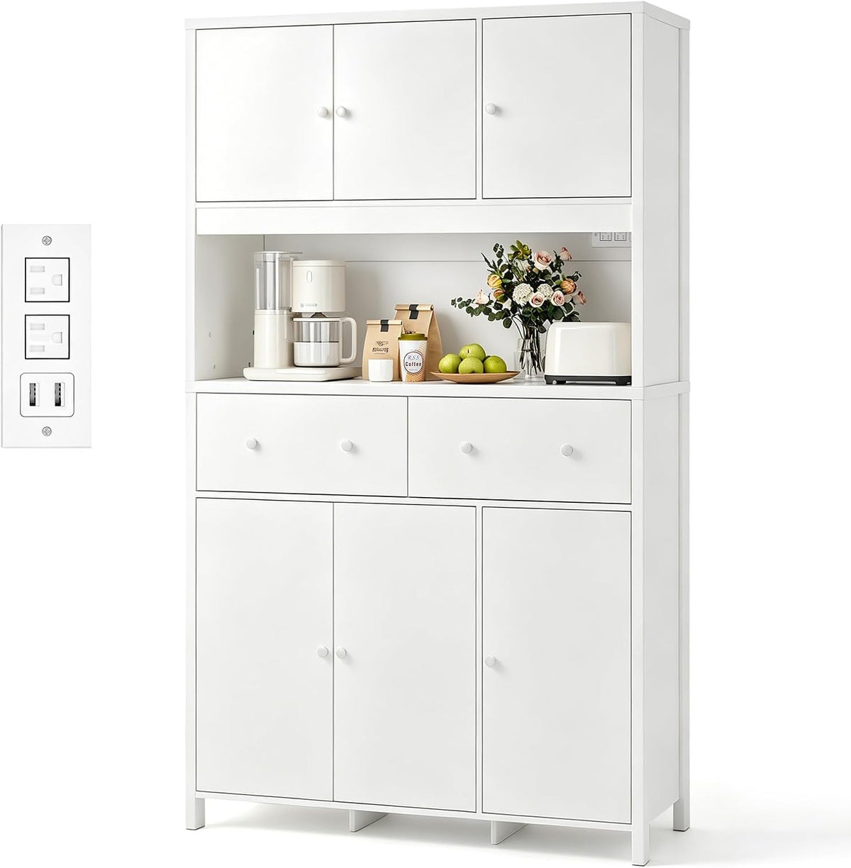 Garvee 71" H Pantry Cabinet with Charging Station, Tall Kitchen Pantry Storage Cabinet with Countertop, Modern Kitchen Hutch with Storage Drawers for Living Room, Dining Room, White