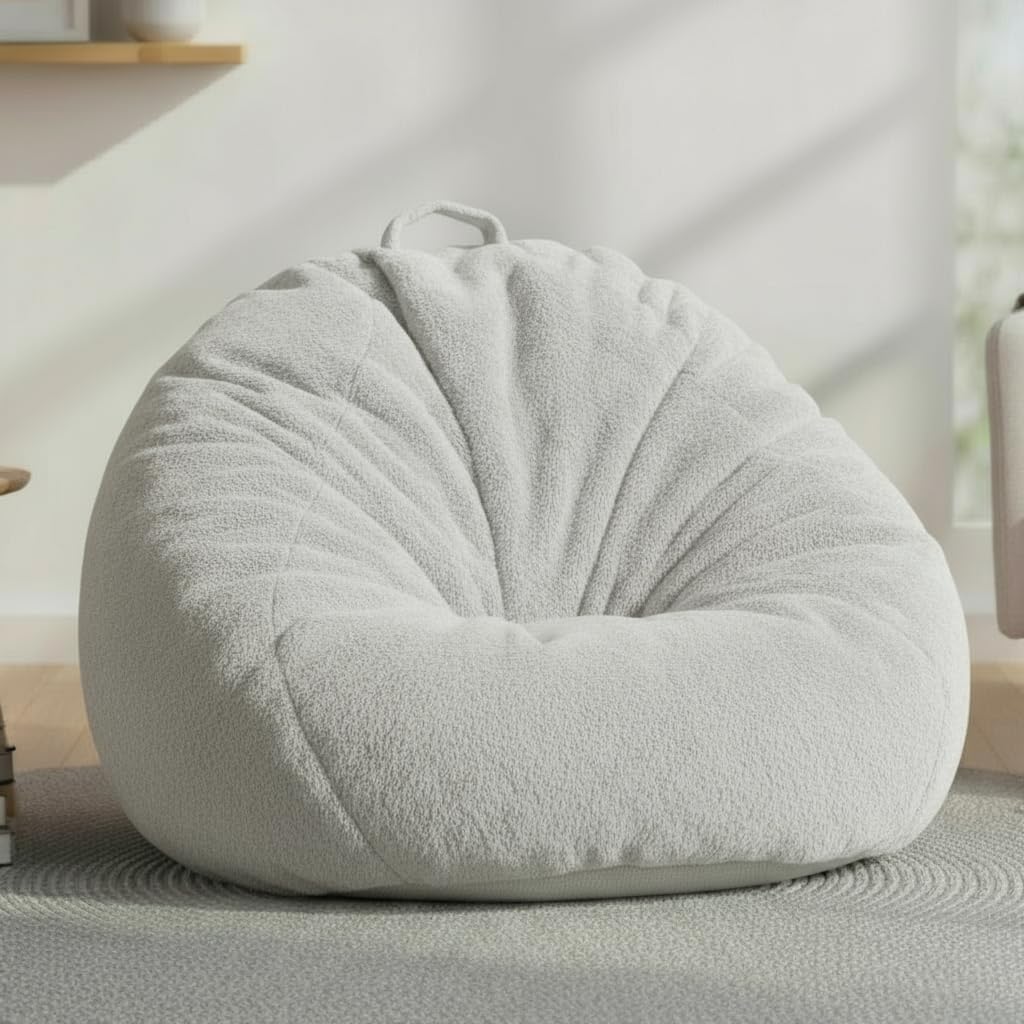 Faux Rabbit Fur Bean Bag Cover Only (No Filler), Stuffed Storage, Grey | Ultra-soft fur,washable,reinforced zipper,non-slip base,handle.Large 36"&28".Living room bedroom.Adult teen.Cover only.