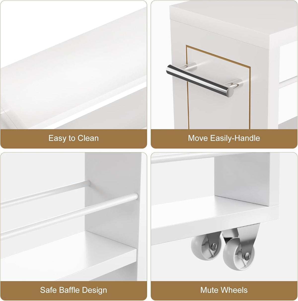 KLM 4 Tier White Slim Storage Cart with Handle, Slide Out Storage Rolling Utility Cart for Kitchen, Laundry, Narrow Places-6.7" W