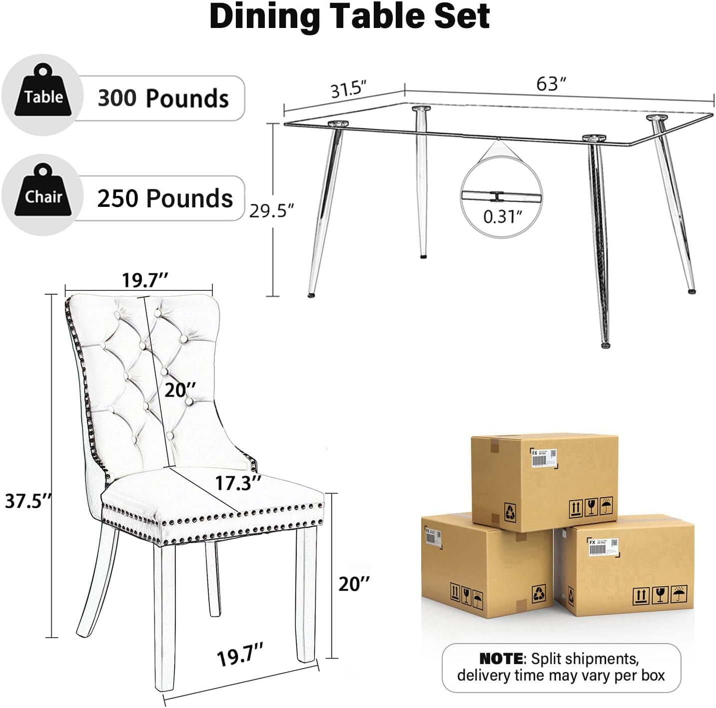 Baysitone 63" Glass Dining Table Set for 4, 5 Piece Modern Dining Room Set, Rectangular Glass Kitchen Table with 4 Upholstered Velvet Chairs, for Kitchen, Home, Small Spaces(Black&Gold)