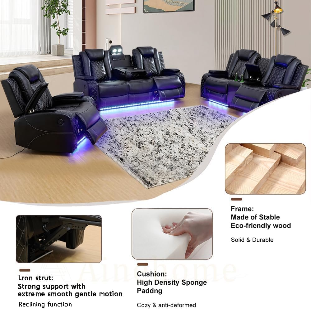 Multifunction Power Air Leather Recliner Sofa Set with LED Lights, Living Room Furniture, Reclining Sofa, loveseat, Chair with USB Port/Storage Console/Cup Holders (Black, 3 Pieces)
