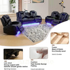 Multifunction Power Air Leather Recliner Sofa Set with LED Lights, Living Room Furniture, Reclining Sofa, loveseat, Chair with USB Port/Storage Console/Cup Holders (Black, 3 Pieces)