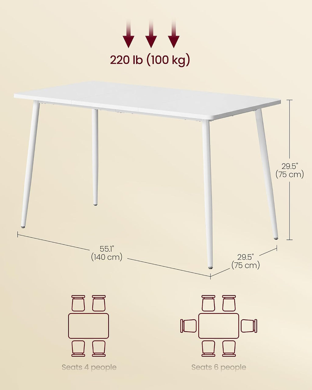 VASAGLE 55.1" Dining Table for 4-6 People, Modern Kitchen Table, Heat-Resistant Tabletop, Quick Assembly, for Dining Room, Snow White, Island Collection UKDT100W101S