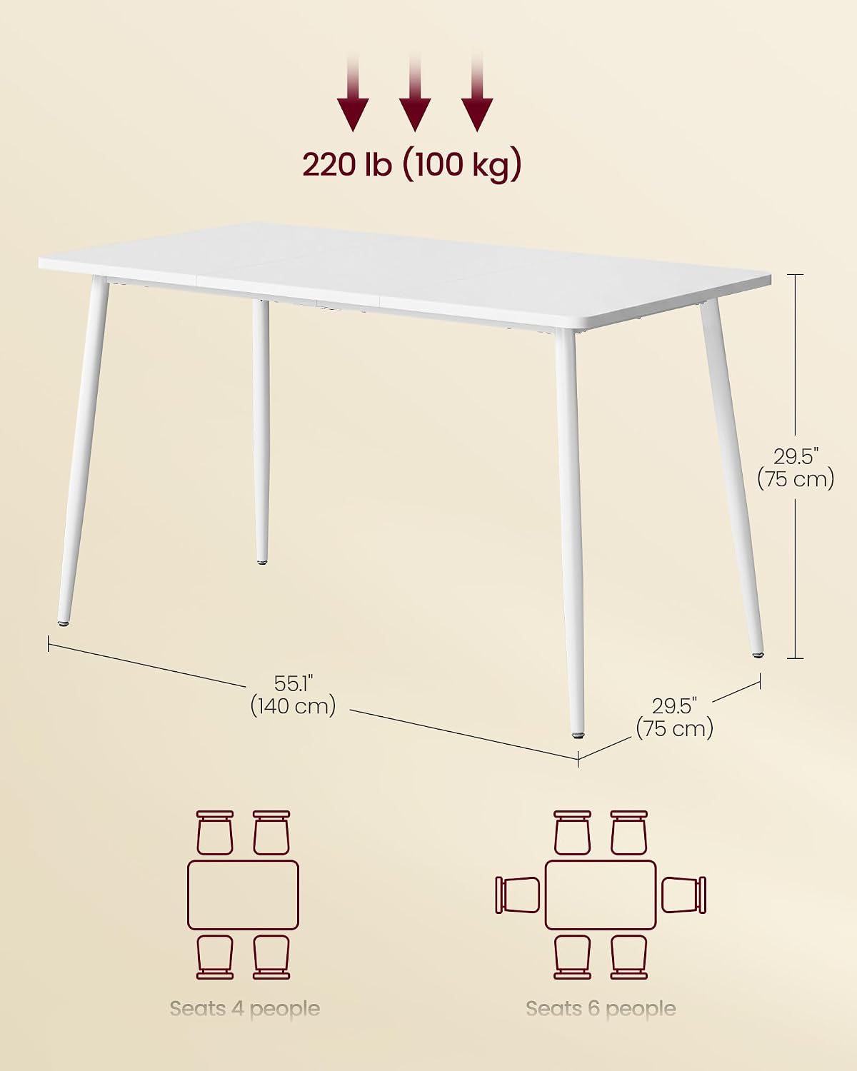 VASAGLE 55.1" Dining Table for 4-6 People, Modern Kitchen Table, Heat-Resistant Tabletop, Quick Assembly, for Dining Room, Snow White, Island Collection UKDT100W101S