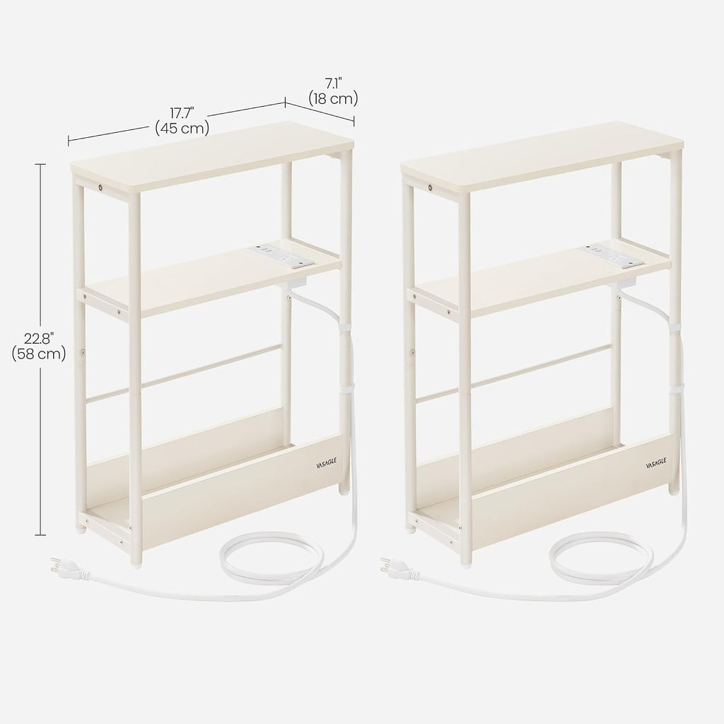 VASAGLE Side Tables with Charging Station, Set of 2 Narrow End Tables, 3-Tier Nightstands, Sofa Tables for Small Spaces, for Living Room, Bedroom, Study, Cream White ULCT664W01
