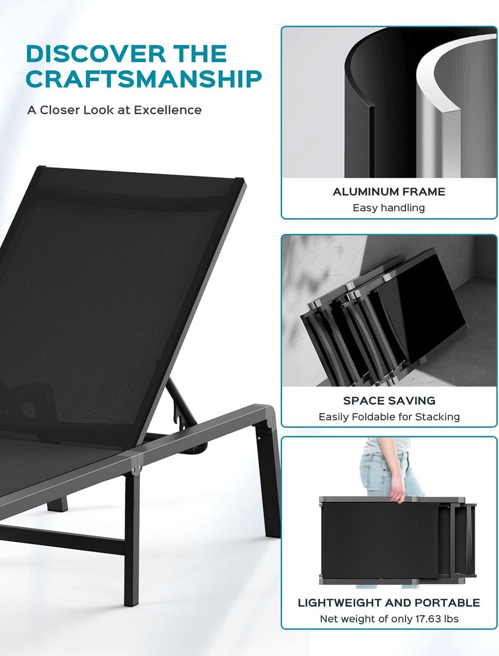 Ciokea Aluminum Chaise Lounge Ourdoor, Foldable & Assemble Free Outdoor Lounge Chair with 5 Adjustable Backrest, Patio Lounge Chair for Outside Poolside Beach Pool, Black