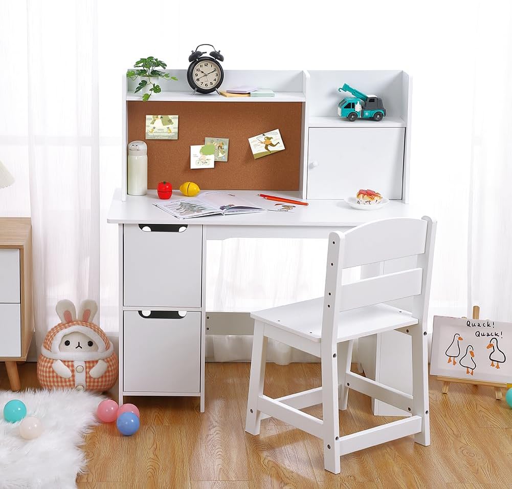 White Study Desk and Chair Set with Storage | Kids' Learning Table for Boys and Girls, Ages 3-8