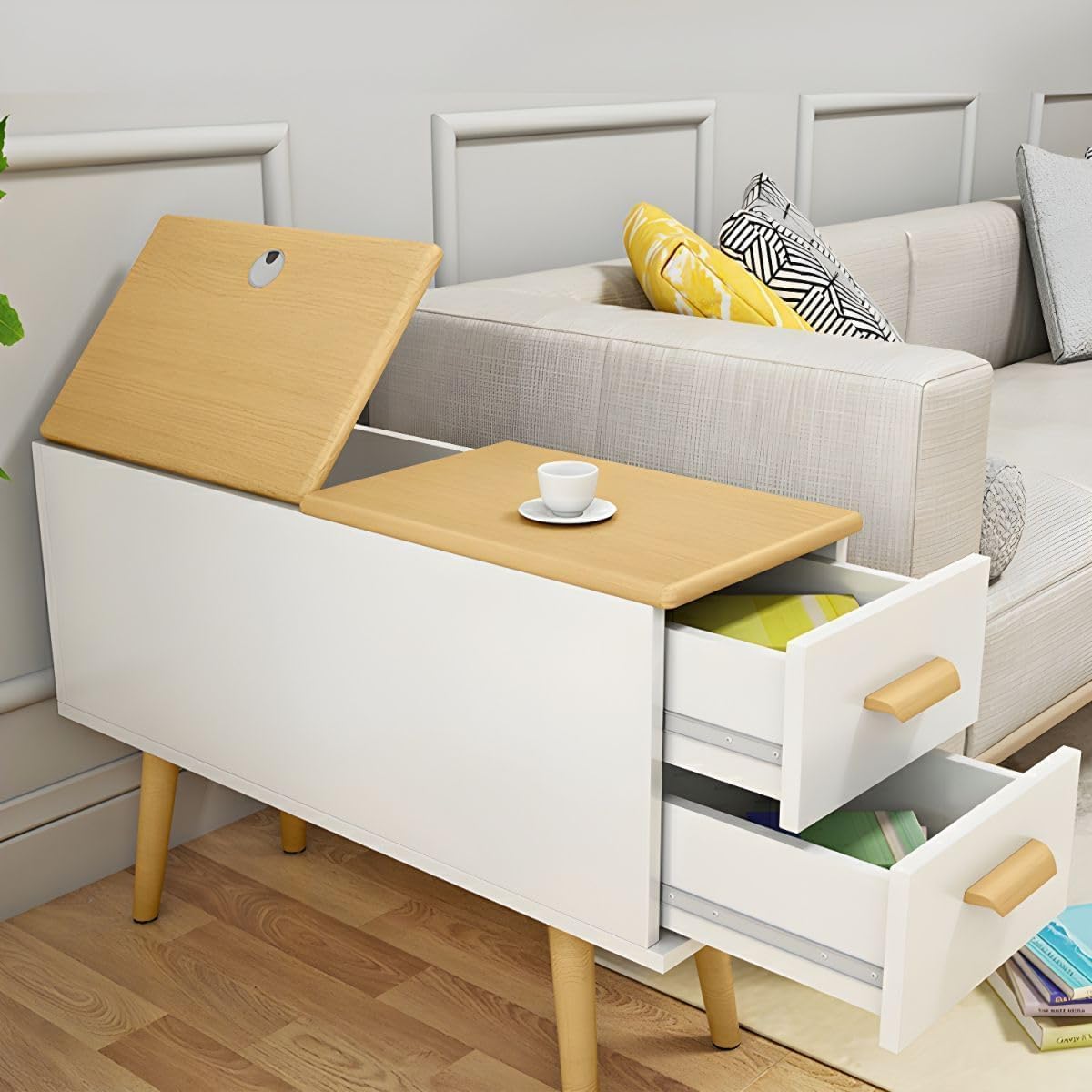 Modern Side Table with Drawers - Wood Home Office Storage End Table, 2-Tone Natural Wood/White Finish