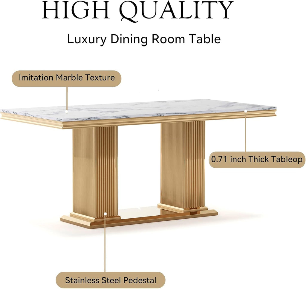 Marble Dining Table Set for 6, Rectangular 68.11" Dining Room Table with 6 Gray Dining Chairs, White&Gold Dining Table with Faux Marble Top, Large Dining Table and Chairs Set for Home Furniture
