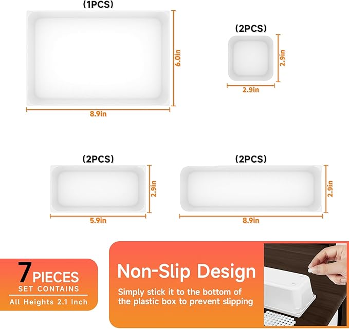 7 Pcs Plastic Drawer Organizer Set,4 Size Small Storage Containers for Organizing Jewelry,Utensil,Junk,Tea,Makeup,Shallow Drawer Organizers Tray Suitable for Office,Desk,Bathroom,Vanity,Kitchen,White