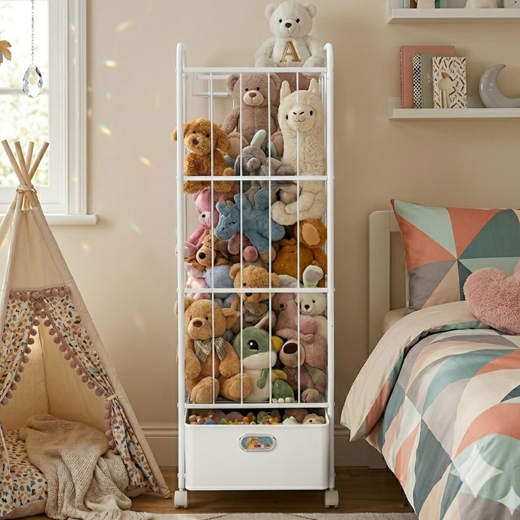 Stuffed Animal Storage, Metal Stuff Animals Zoo Holder with Fabric Drawer and Wheels Tall Vertical Plushies Toy Organizer Plush Storage Cage with Elastic Band for Nursery Playroom Corner