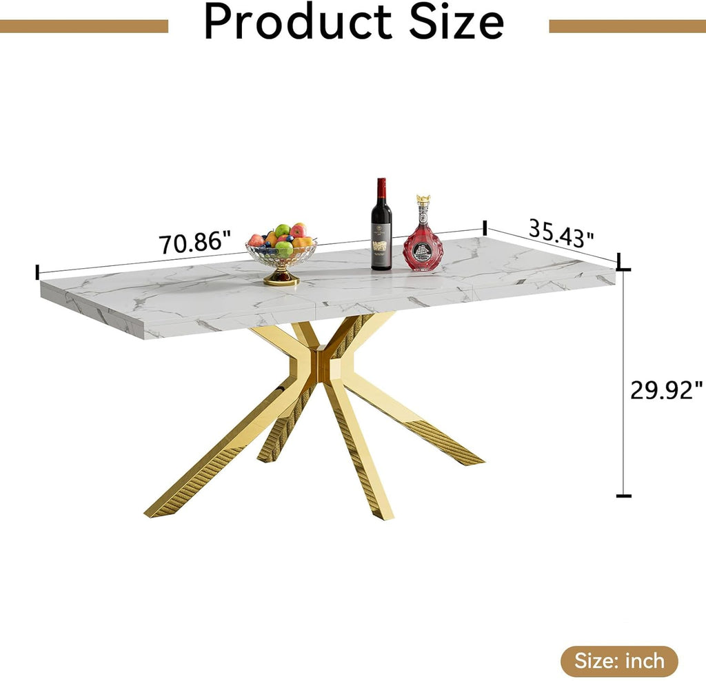 70 inch Faux Marble Dining Table for 4-6, Modern Kitchen Table with White Faux Marble Tabletop, Gold Stainless Steel X Base, Rectangular Dining Room Table for Dinner, Party, Meeting, Celebration