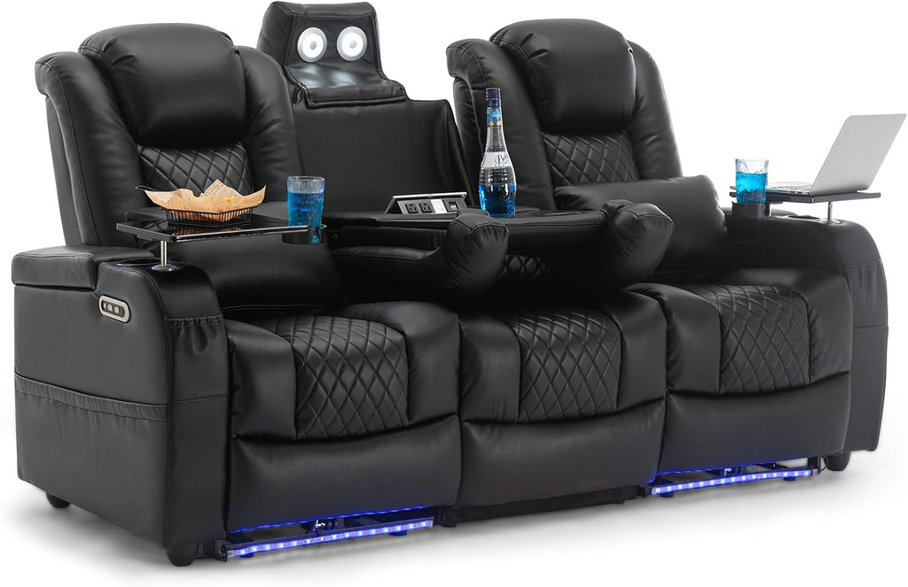 Airadlis Dual Power Home Theater Seating with 7-Color LED, Black, Row of 3 | Zero gravity recliner sofa, USB and Type-C charging, swivel tray and cup holder, lumbar pillow, 4” wall clearance