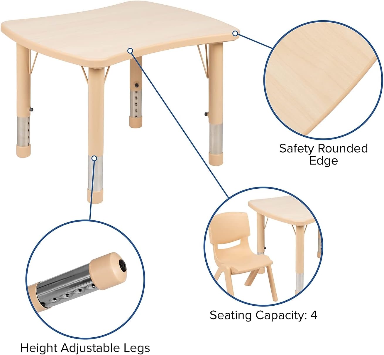 Flash Furniture 26.5x21.75 in Activity Table with 4 Chairs, Natural | Adjustable Height Table, Plastic, Durable Construction, Commercial Use