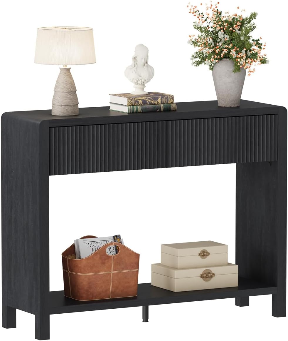 FATORRI Console Entryway Table, Modern Sofa Table with 2 Drawers for Living Room, 39.37 inch Narrow Wood Hallway Tables and Couch Tables Behind Sofa for Small Space (Black)