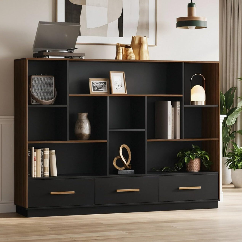 ModernMate 60" Wide Bookcase with 3 Drawers and 12 Open Cubes, Black Walnut