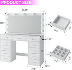 CollaredEagle 45" Large White Vanity Desk with Vibrant RGB Lighting. | 11 Hollywood Style Bulbs, 11 Drawers, Power Outlet, Hair Dryer Holder, Cushioned Stool, Tempered Glass
