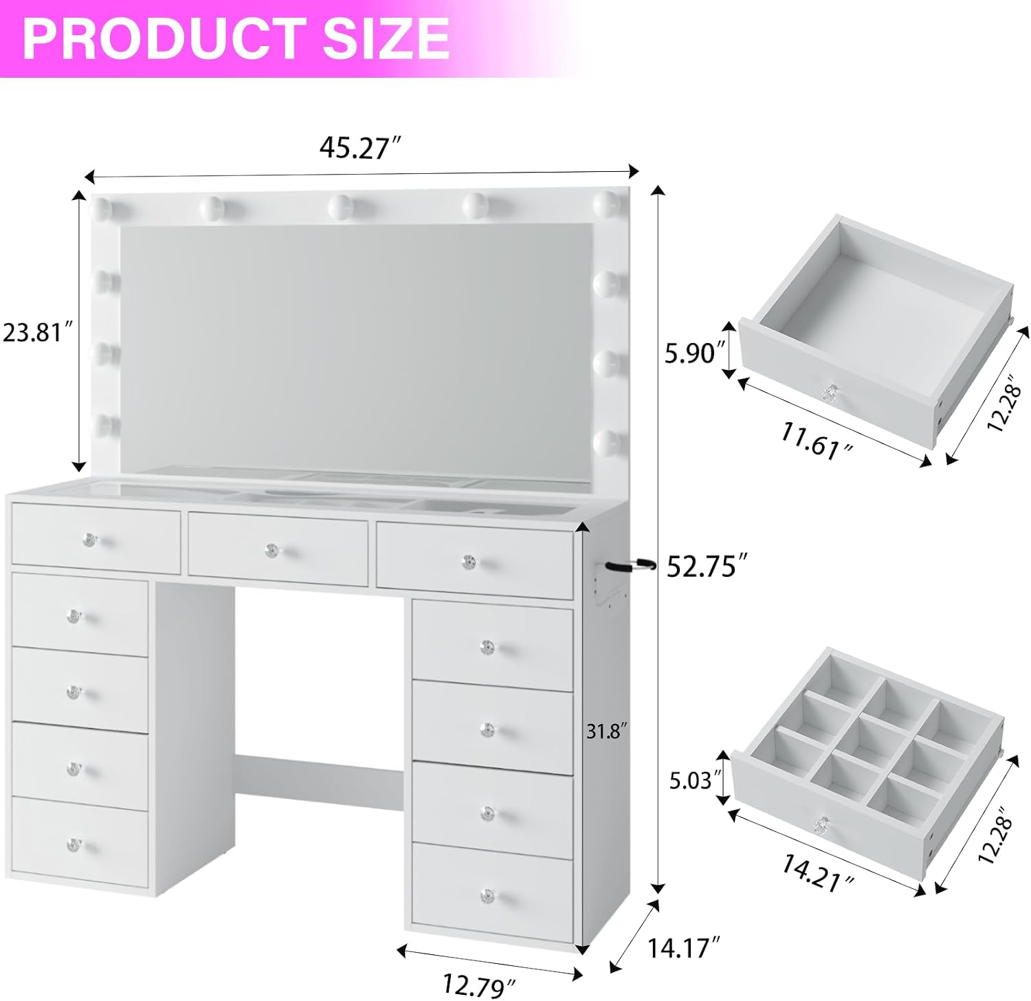 CollaredEagle 45" Large White Vanity Desk with Vibrant RGB Lighting. | 11 Hollywood Style Bulbs, 11 Drawers, Power Outlet, Hair Dryer Holder, Cushioned Stool, Tempered Glass