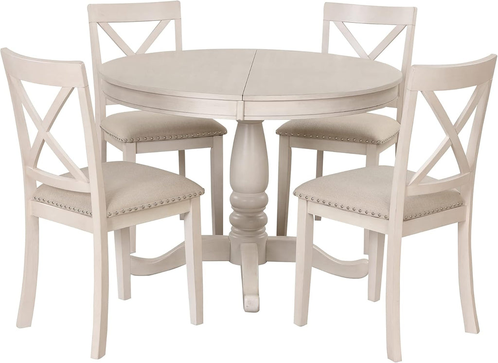 Extendable Dining Table Set for 4, 5 Piece Kitchen Table and Chairs Set, 4 X-Back Solid Wood Dining ChairSet, Industrial Oval Round Dining Table for Small Space, Apartment, French Country White