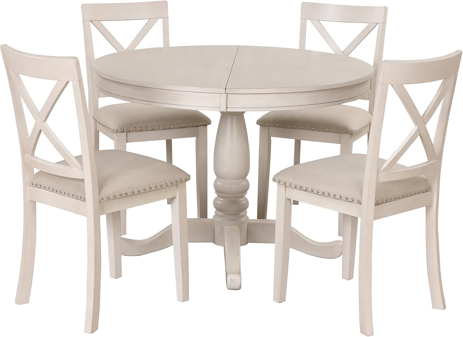 Extendable Dining Table Set for 4, 5 Piece Kitchen Table and Chairs Set, 4 X-Back Solid Wood Dining ChairSet, Industrial Oval Round Dining Table for Small Space, Apartment, French Country White