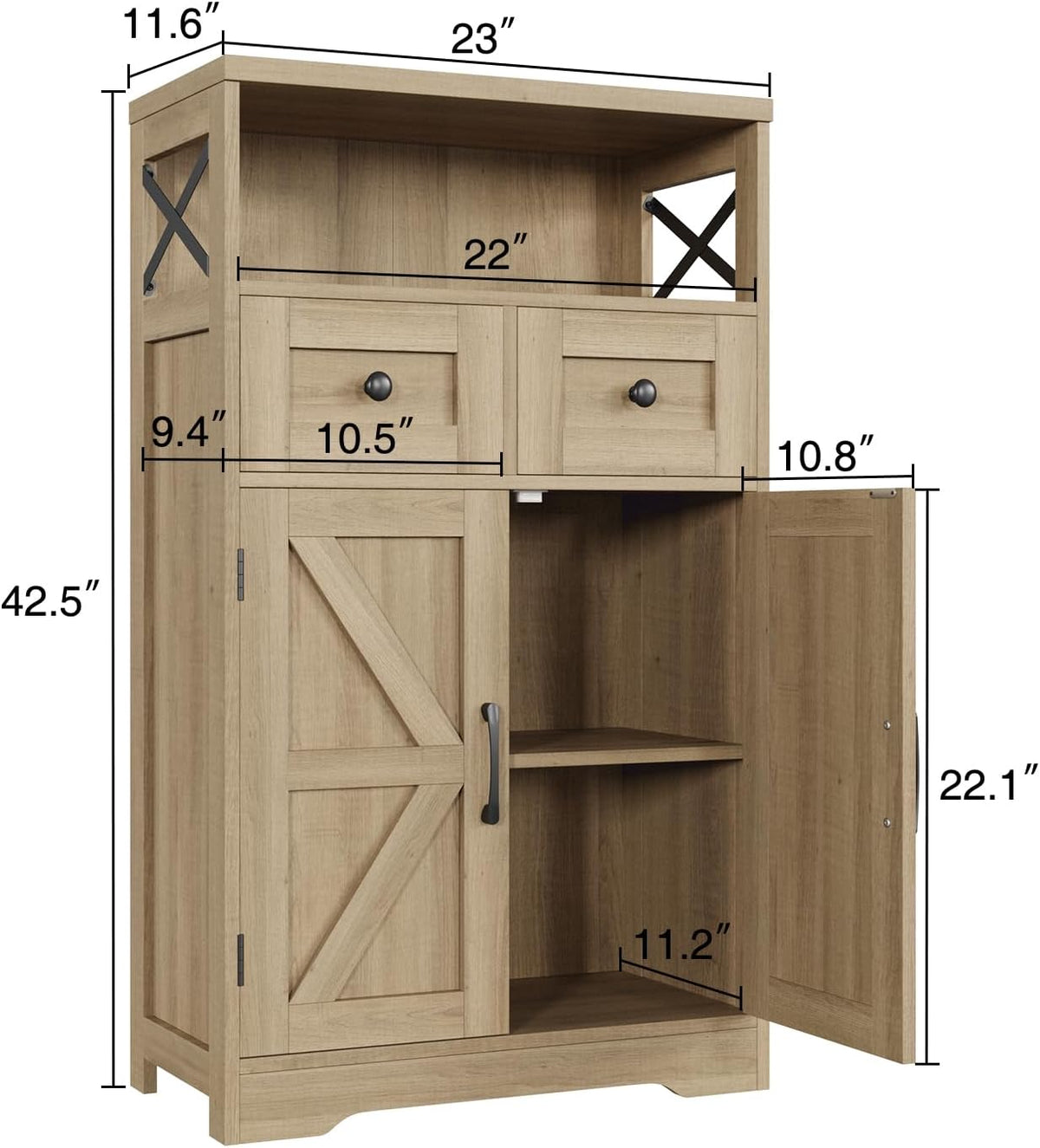 FiveWillowise Natural Storage Cabinet with Doors and Shelves, Standing Kitchen Pantry Cabinet, Floor Storage Hutch Cupboard, Coffee Bar Station for Dining, Living Room, Home Office