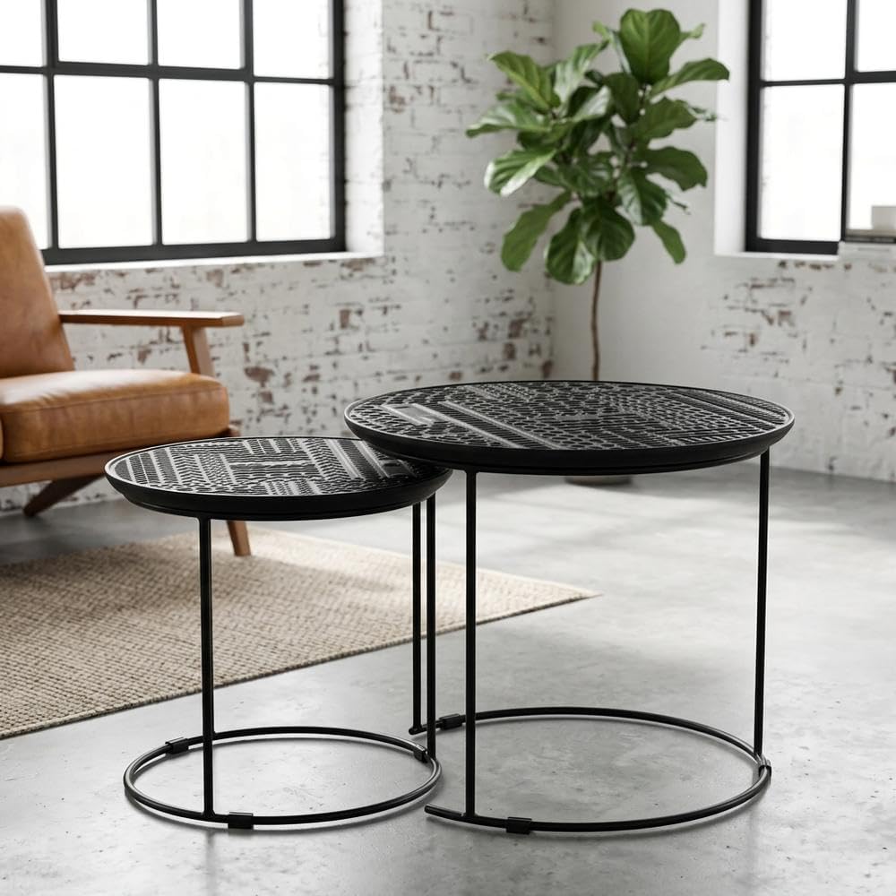 Furnifact Mango Wood Round Nesting Table 2-Piece, Nesting Coffee Table Set for Living Room Small Spaces, Matte Black