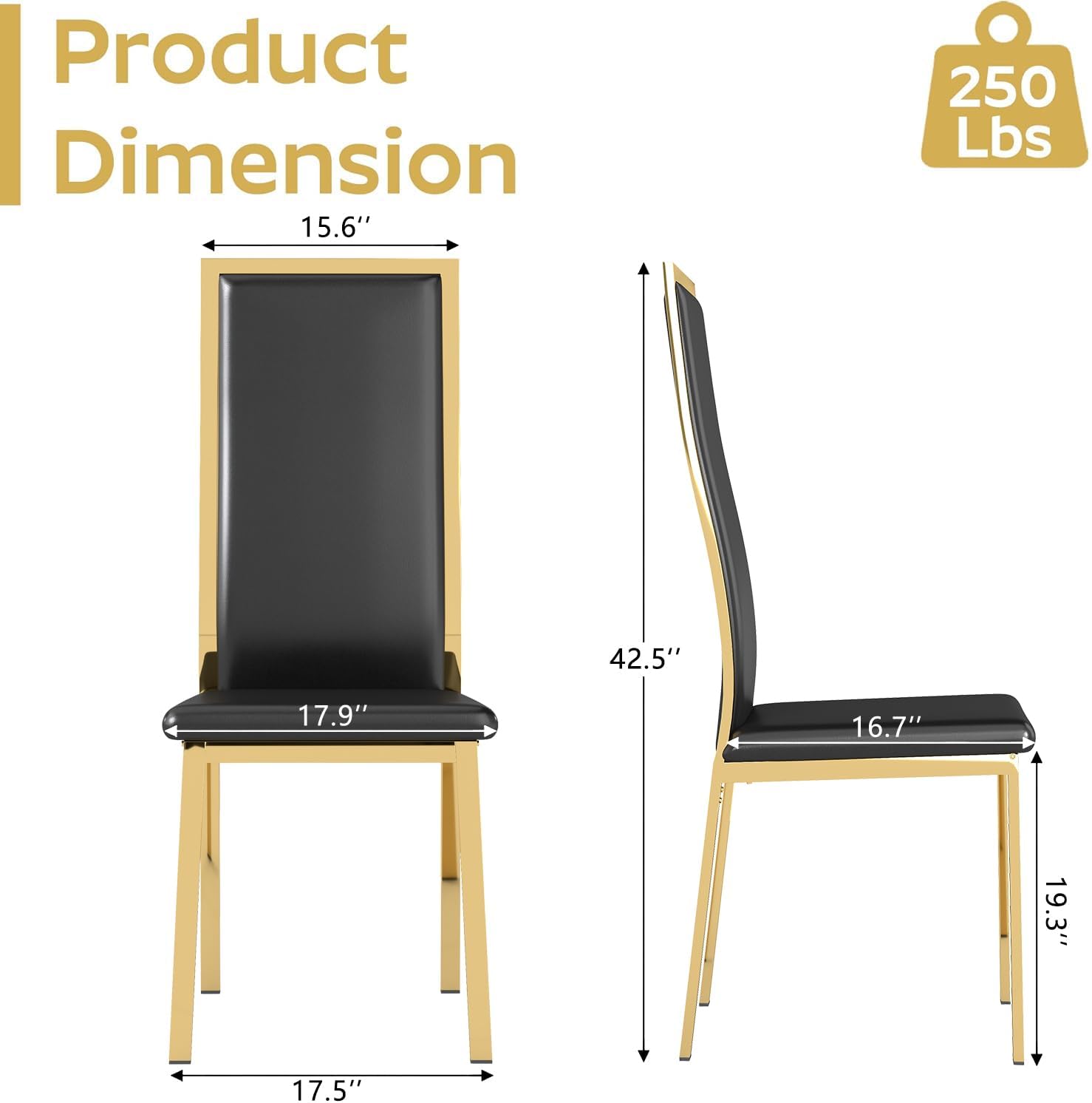 Modern Dining Chairs Set of 4, Black Faux Leather with Chrome Gold Metal Legs, Curved High Back Design & Cloud Cushioning, Mid-Century Kitchen Chairs with Non-Slip Feet (Easy Assembly)
