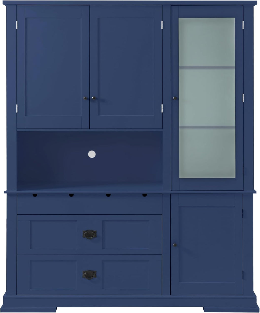 78" Tall Kitchen Pantry Cabinet with Hutch, Large Freestanding Buffet with Drawers, Cabinet Door Organizer and Adjustable Shelves, Wood Tall Storage Cabinet for Kitchen, Dining Room, Blue