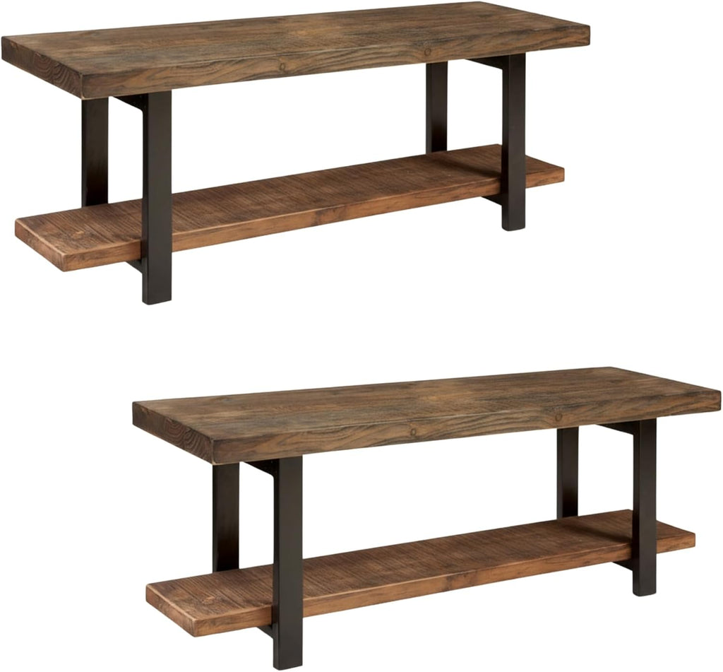 Alaterre Furniture Pomona Dining Bench Set of 2-48-Inch Modern Industrial Solid Wood Indoor Benches with Open Bottom Storage Shelf - Seating for Kitchen, Dining Room, and Living Room (Rustic Brown)