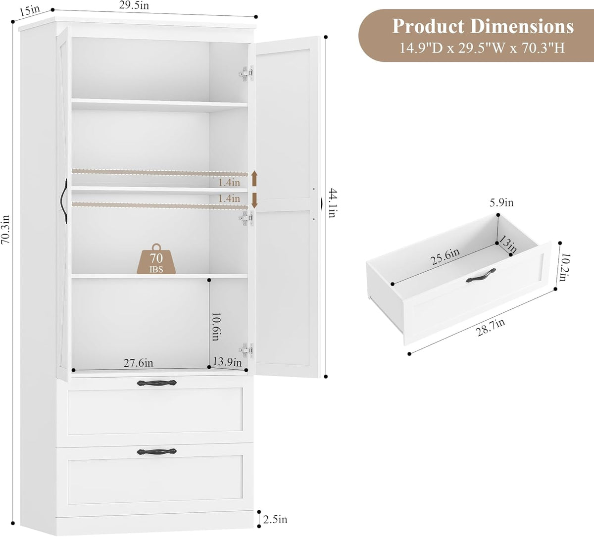 HOSTACK 70" Kitchen Pantry Storage Cabinet, Farmhouse Pantry Cabinet, White | Large Food Kitchen Pantry with 2 Wide Drawers & Adjustable Shelf, Tall Snack Cabinet with Doors, Dining Room, Living Room