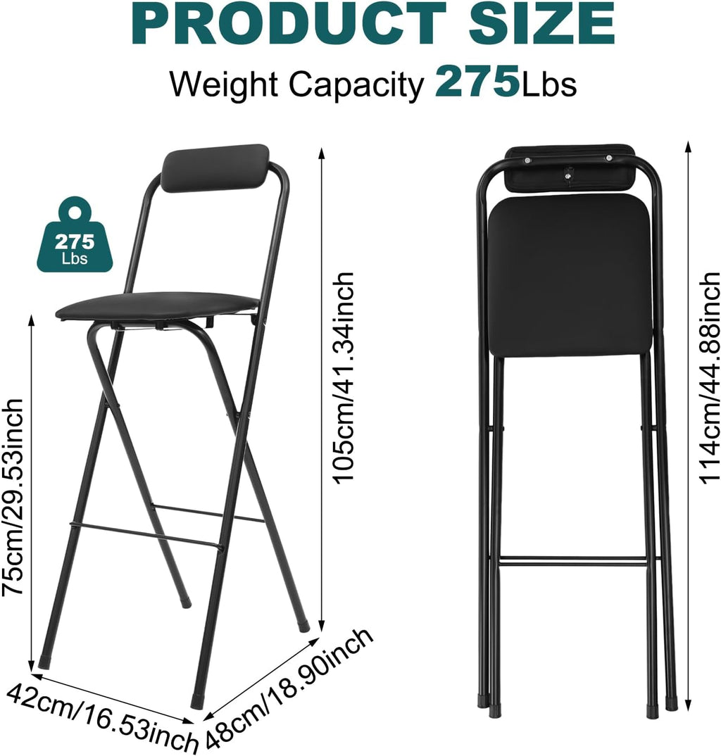 29" Tall Folding Bar Stool with Cushioned Pad and Backrest, Portable Bar Stool, Tall Folding Chairs, 275lbs Load Capacity, for Kitchen, Living Room, Garden, Camping, Black