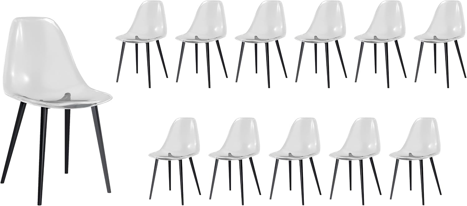 Baysitone Clear Dining Chairs Set of 12, Modern Kitchen Chairs with Transparent Seat, Acrylic Accent Side Chairs with Plating Metal Legs for Dining Room, Kitchen, Living Room with Black